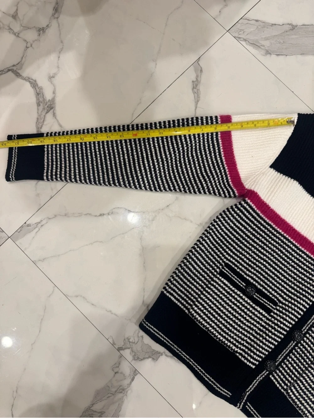 Black, White & Pink Striped Knit Cardigan With CC Logo